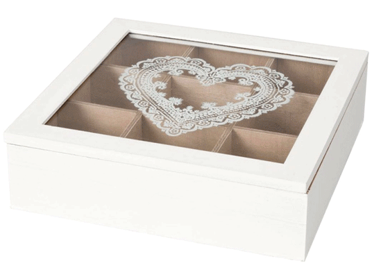 Boîte à thé carrée vitrine motif coeur - 9 cases