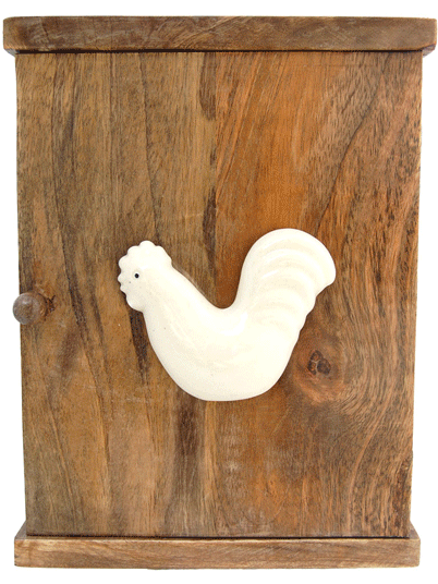 Boite à clés murale en bois décor coq céramique