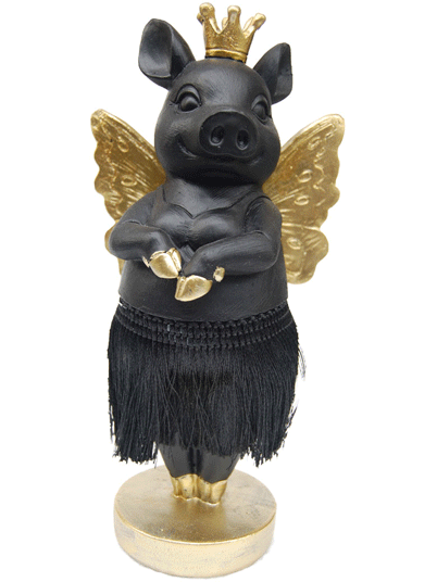 Décoration figurine cochon noir doré ailé