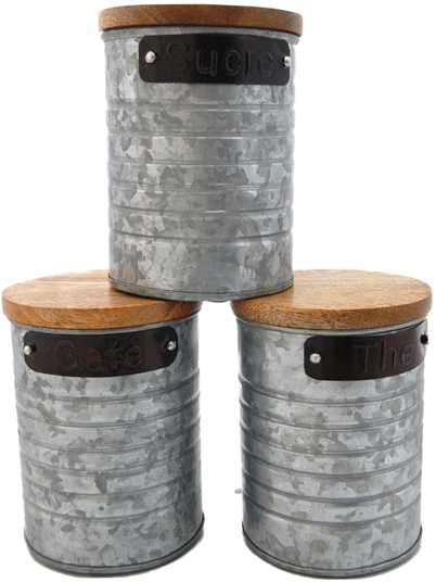 Pots hermétiques fer & bois /  Thé-Café-Sucre
